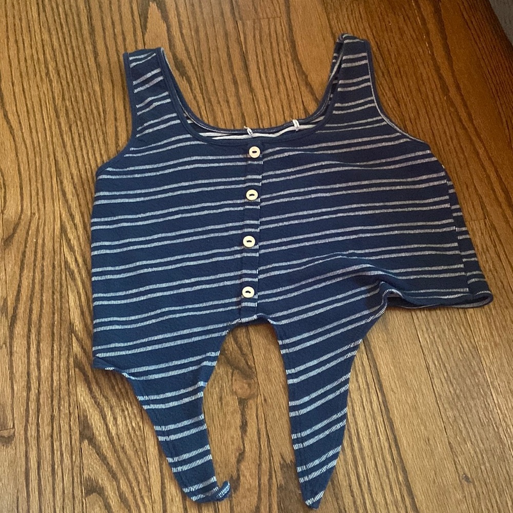Cropped Blue White Strip Button Tie Tank